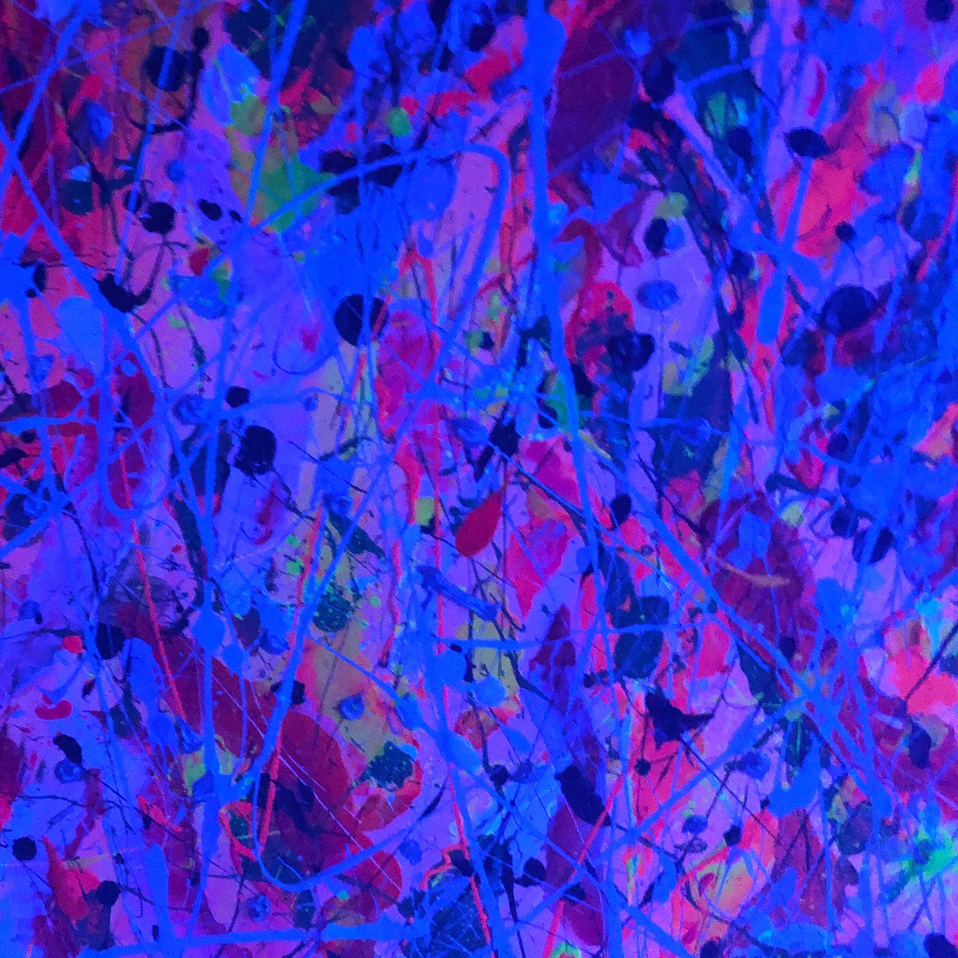 Part of the 'Alive' original painting seen glowing at night. Abstract, acrylic artwork by Bridget Bradley