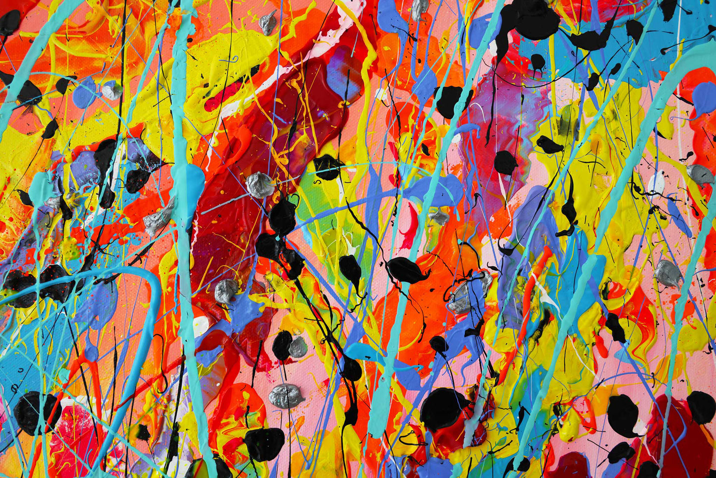 Part of original abstract painting by Bridget Bradley,  'Alive' ihn bright colours showing action painting. 