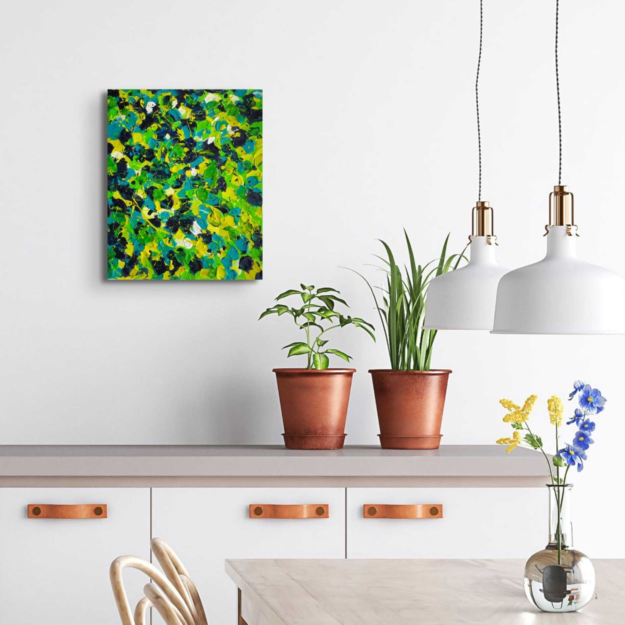 Avocado Smash heavily textured abstract in the colours of smashed avocado seen hanging in situ in kitchen. Original painting by Bridget Bradley