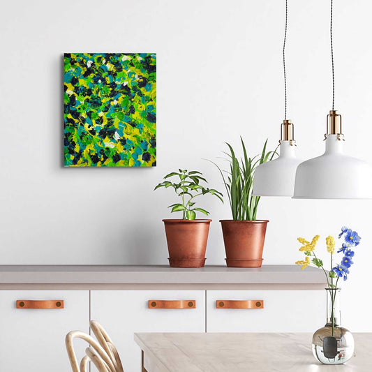 Avocado Smash heavily textured abstract in the colours of smashed avocado seen hanging in situ in kitchen. Original painting by Bridget Bradley