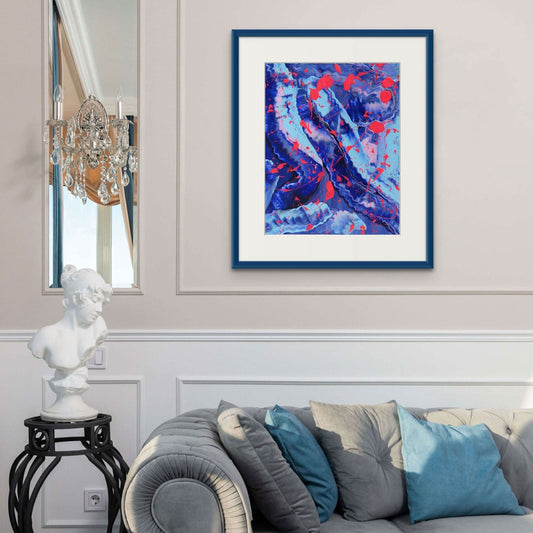 Blue III, visualized in living room hanging,blue frame. Bronze art award painted by Bridget Bradley