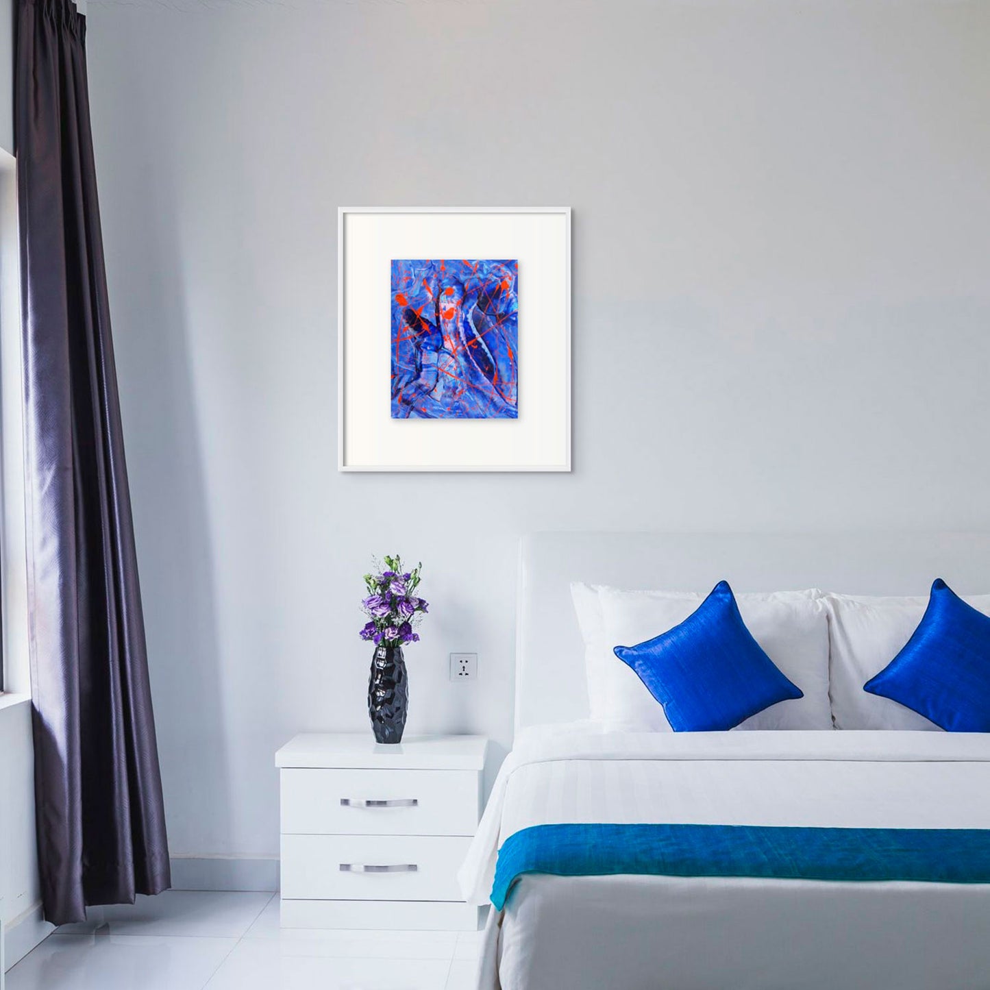 Blue II, original abstract painting seen framed and hanging on wall in bedroom. Artwork by Bridget Bradley