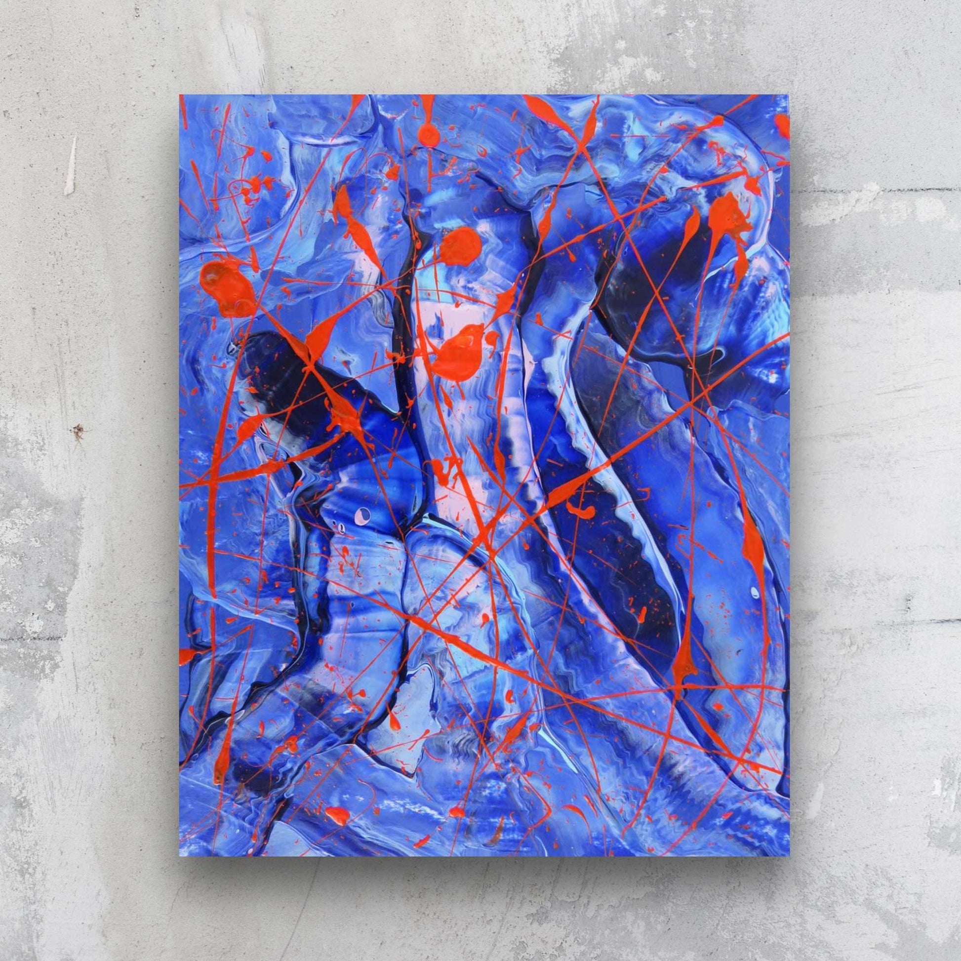 Blue II, original, abstract painting on paper by Bridget Bradley in  blues, white with deep orange marks. Painted by Bridget Bradley