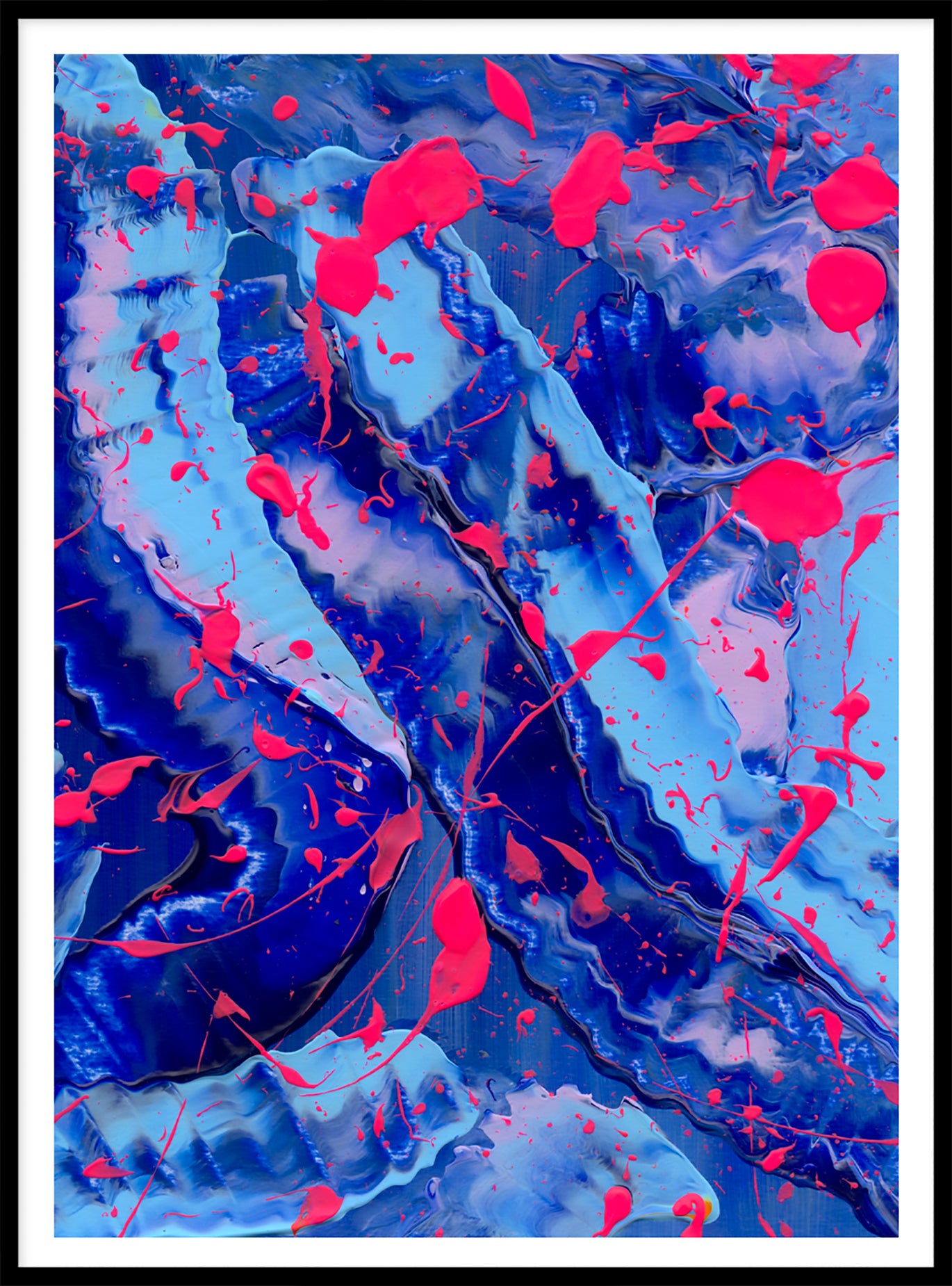 Blue III, Print in blues and neon pink on Paper in black frame. After original artwork by Bridget Bradley