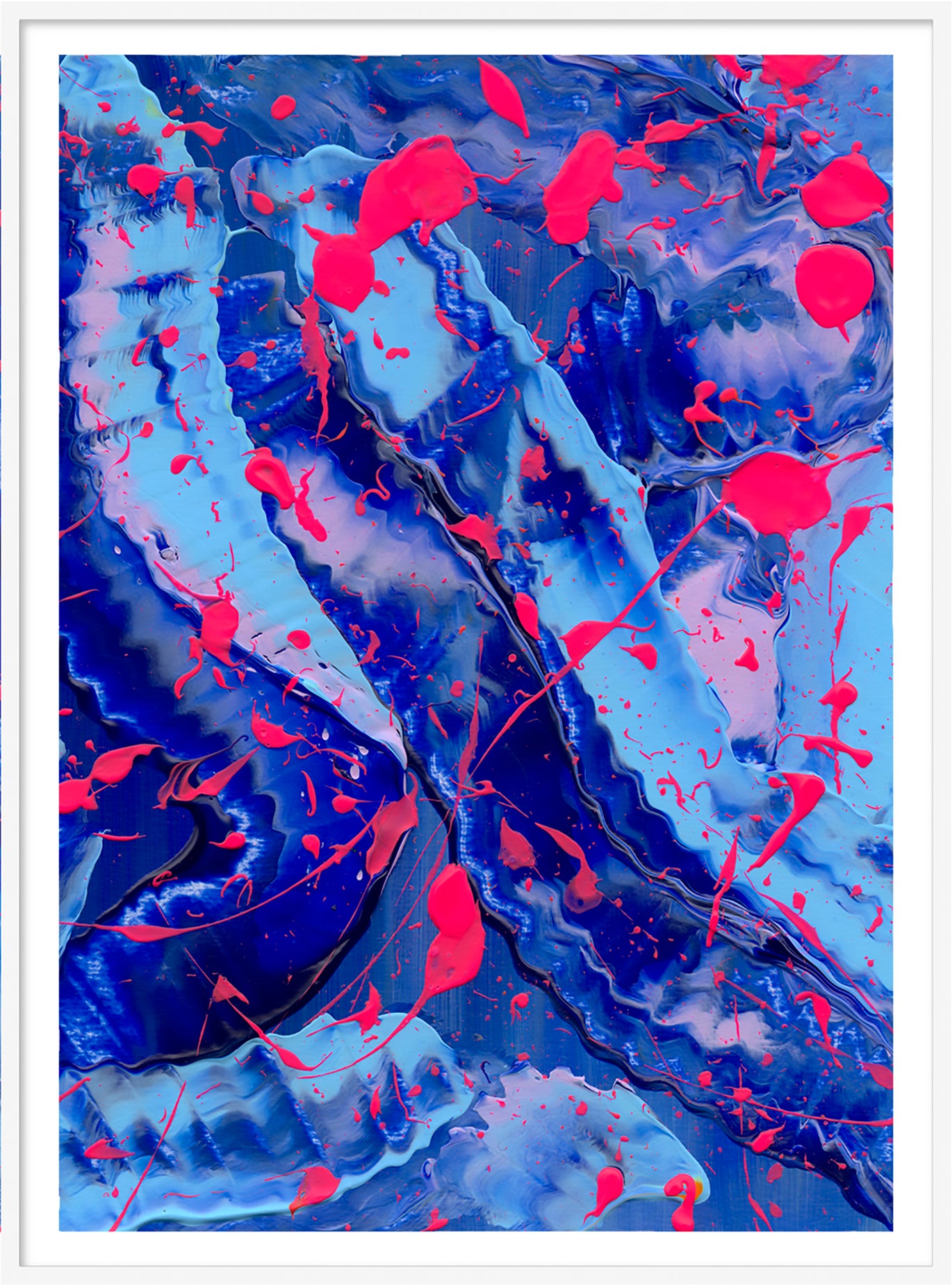 Blue III, blues and neon pinks abstract wall art print on paper white frame. After original art by Bridget Bradley