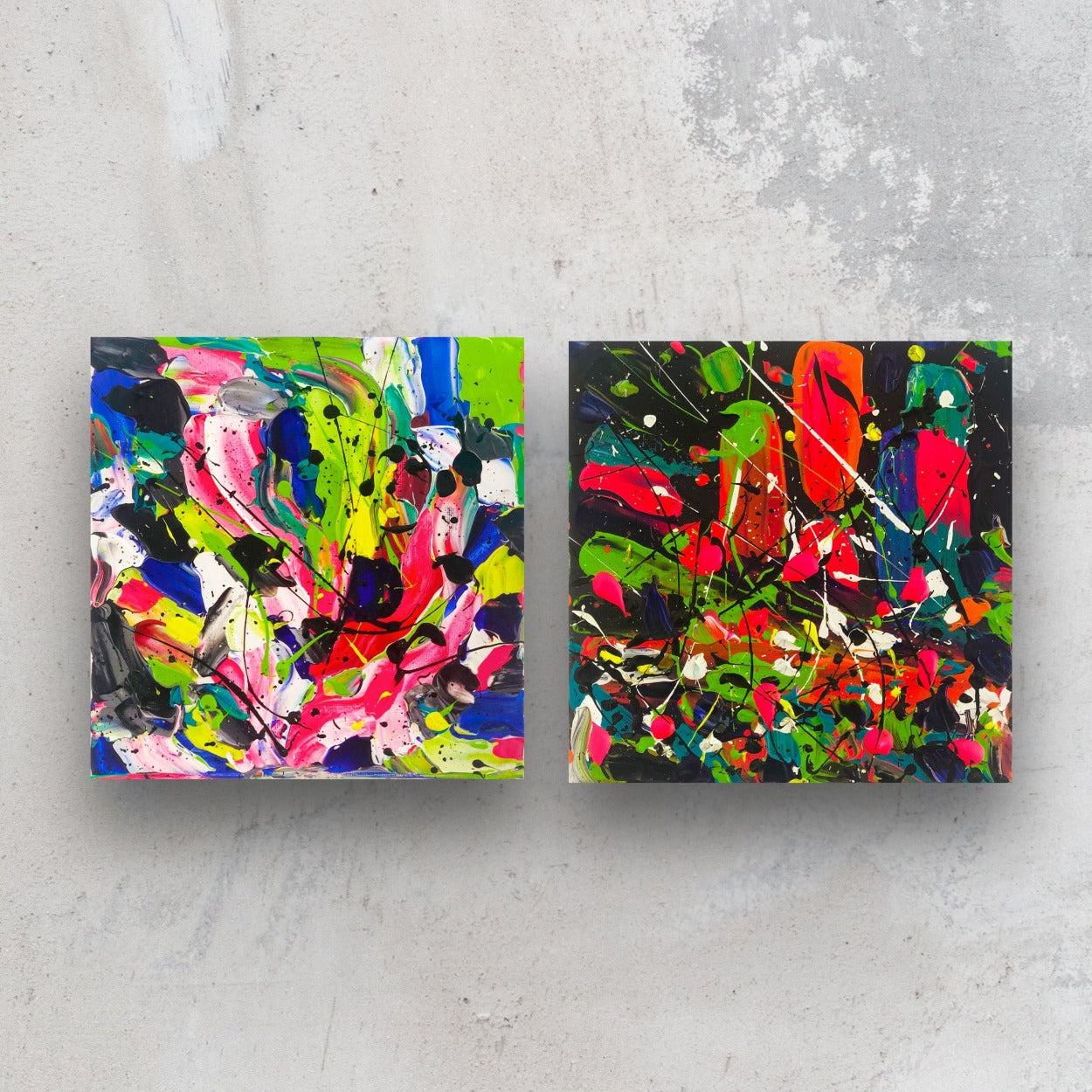 From left, City Days and City Nights Diptych, original abstract paintings by Bridget Bradley. Brightly coloured abstracts with texture on stretched canvas, 20cm x 20cmx x 2dcm. 