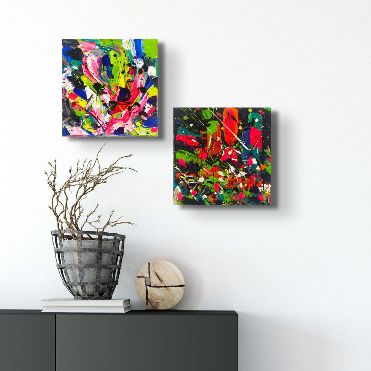 From left, 'City Days and 'City Nights' , brightly coloured abstracts of Hong Kong city. Original paintings on canvas by Bridget Bradley Abstract Artist.