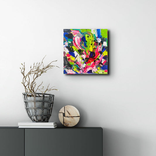 City Days, original abstract painting by Bridget Bradley, seen hanging on wall in situ. Learn more