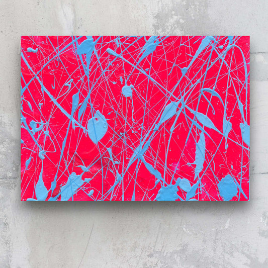 Clear Emotions conceptual painting, abstract action painting in bold hot pinks and sky blue, by Bridget Bradley, abstract expressionist.