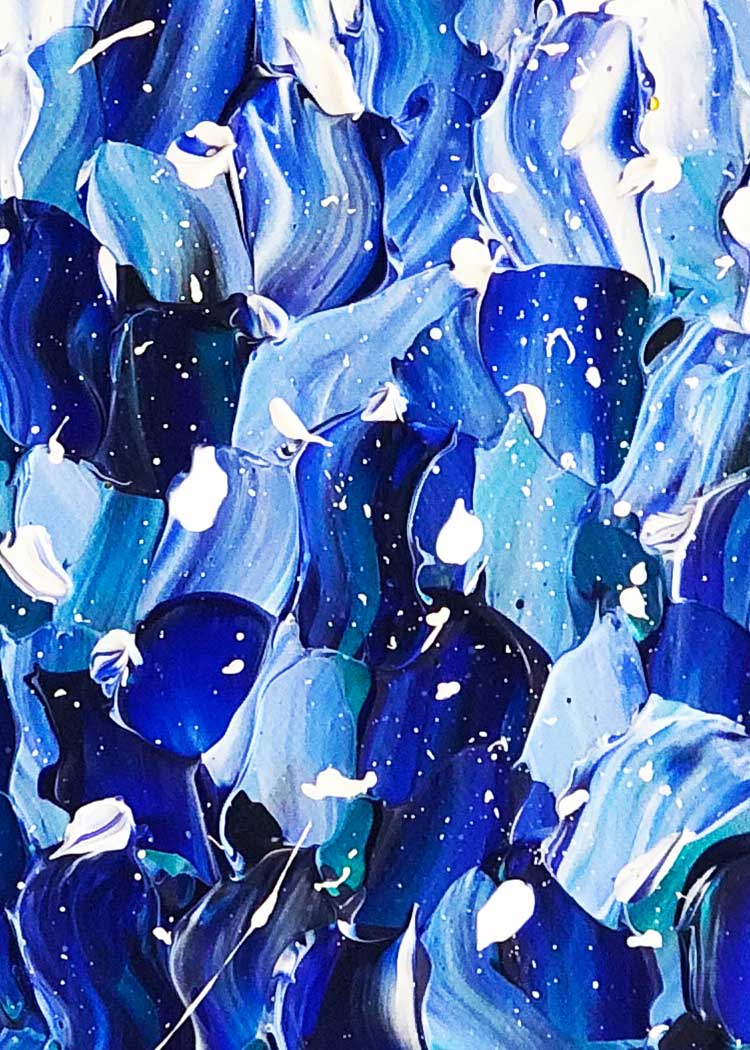 Closeup of the texture, 'Sea of Blue' original abstract painting in blues and whites of relaxing cool ocean water and sea foam. Painted by Bridget Bradley