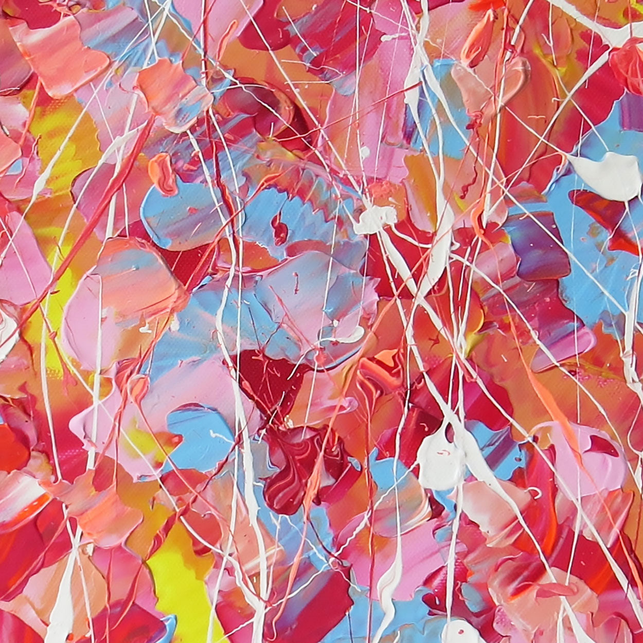 Closeup of 'Pink Lake' Textured Abstract Original Painting in yellow, nude, sky blue, reds and pinks. Art by Bridget Bradley