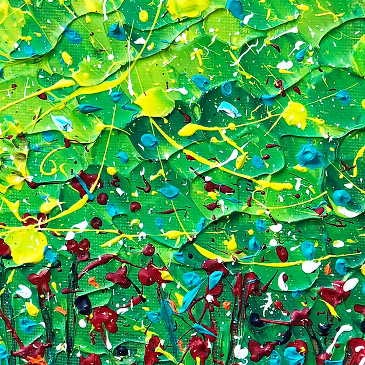 Closeup of textured painting, The Wildflowers, in lush greens,  rich reds, vibrant blues and yellows with spatters of white. An abstract by Bridget Bradley. Learn more about this awarded art.