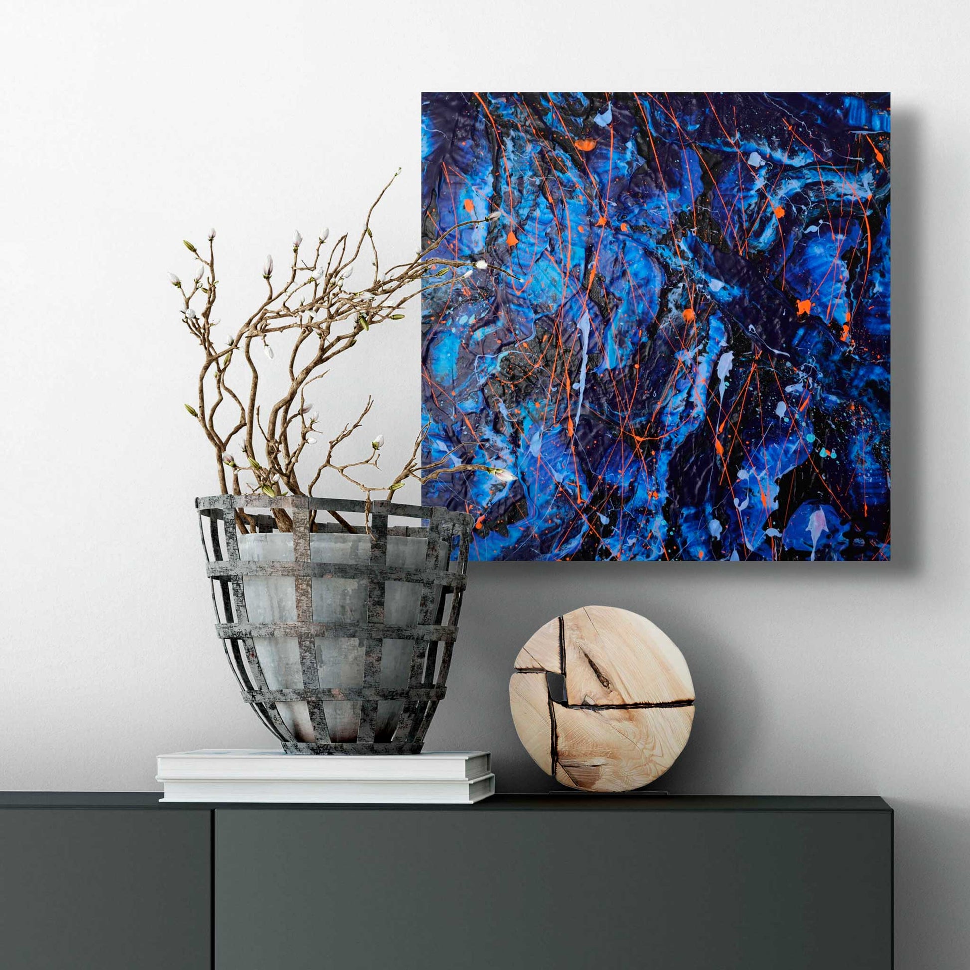 Enigma, hand painted abstract art in blues and blacks with neon orange marks. Acrlic on canvas heavy texture abstract. Painted by Bridget Bradley, a Commissioned artwork.