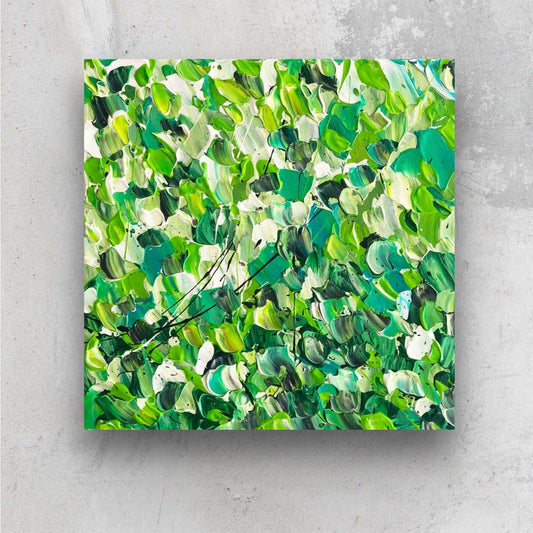 Fields of Green, original, textured abstract painting in vivid greens and white. Painted on canvas by Bridget Bradley