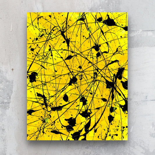 Geometric I, bold abstract, action painting in yellow, neon yellow with black marks, by bridget Bradley, abstract expressionism artist