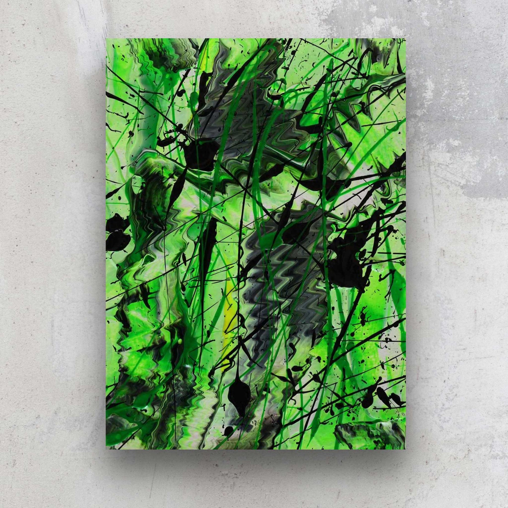 Green ivy, original abstract on paper painted in bright greens, with hints of light grey and dark marks. Painted by Bridget Bradley