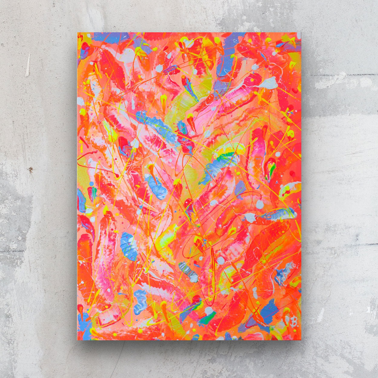 Happiness, original abstract painting on canvas in bold neon pinks, oranges, yellows with blues and white, action painting by Bridget Bradley 2022