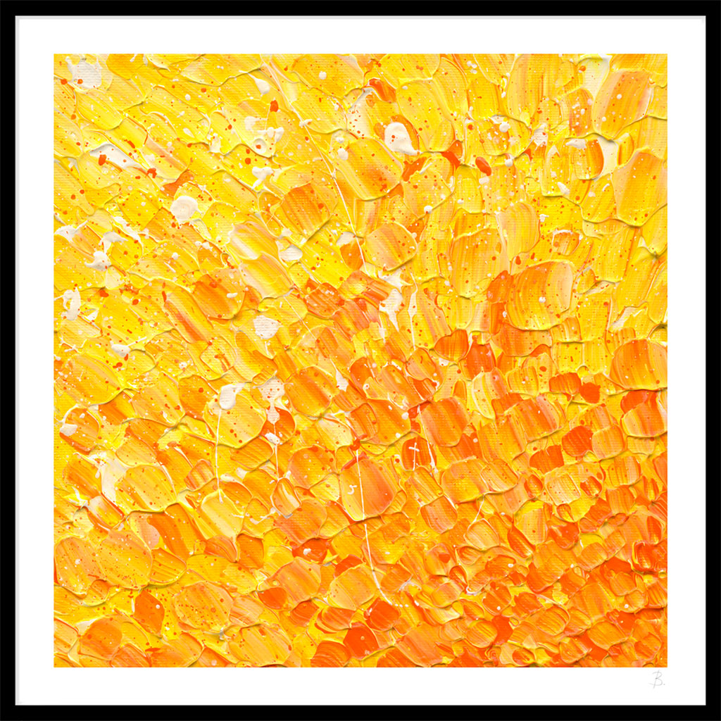 In the Heart of the Sun fine art print on paper in black box frame. After the original painting. by Abstract Artist, Bridget Bradley.