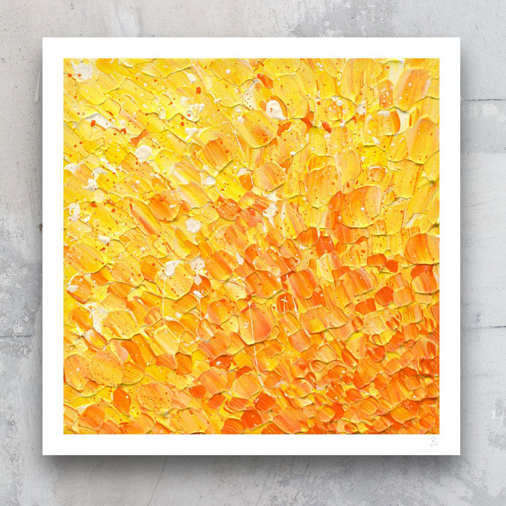 In the Heart of the Sun Fine Art Print on archival Paper seen against a stone wall. After the original painting by Bridget Bradley