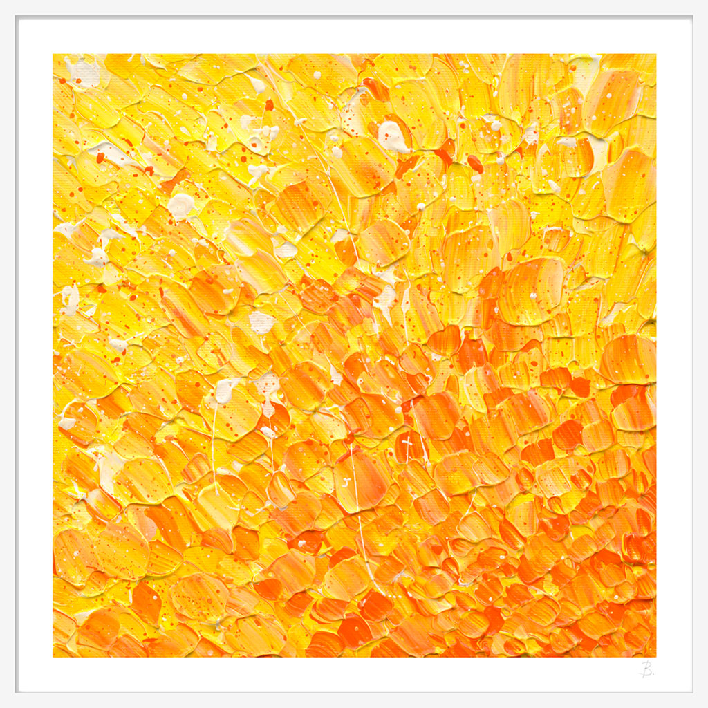 In the Heart of the Sun fine art print on paper framed in white. Sparkling warm colours. After original abstract painting by Bridget Bradley