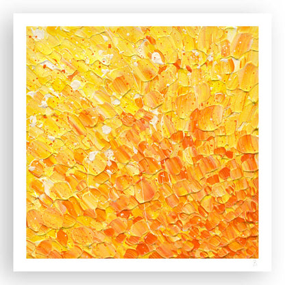 In the Heart of the Sun unframed fine art print with white border and rich warm golden yellows and orange colours. After original by Bridget Bradley