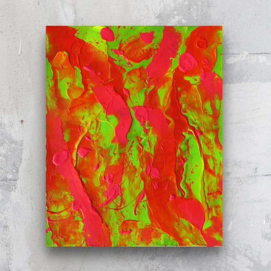 Little Luxuries II, original art on paper by Bridget Bradley. Bold abstract in neons seen against a stone wall