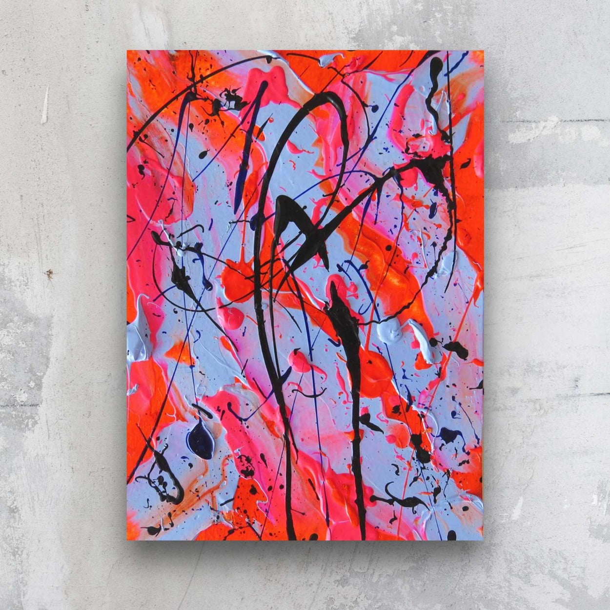 Little Luxuries III, abstract calligraphy painting on paper in neon reds, mauve blues and black calligraphic marks. Abstract artist, Bridget Bradley
