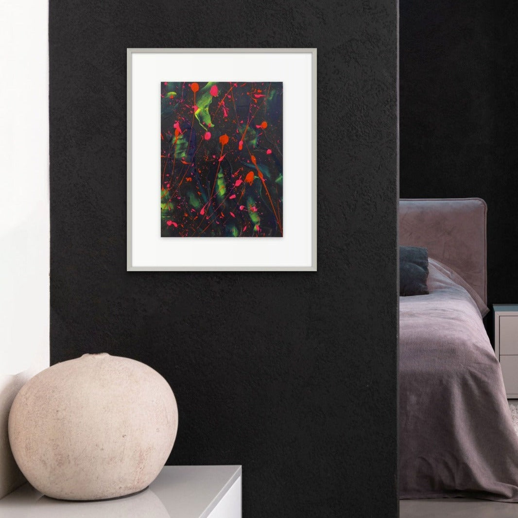 Little Luxuries V, original painting by Brigdet Bradley seen hanging on dark wall with modern decor