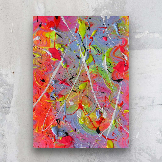 Little Luxuries X, abstract expressionism, small original painting by Bridget Bradley in brights and neons with marks, seen against a stone wall in situ