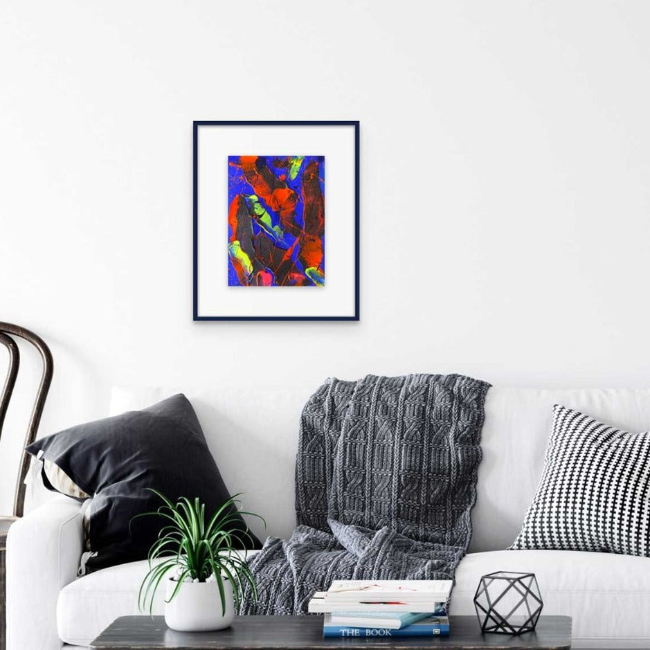 Little Luxuries XI, original abstract painting seen framed and hanging on white wall above white lounge suit and cushions. Painted by Bridget Bradley
