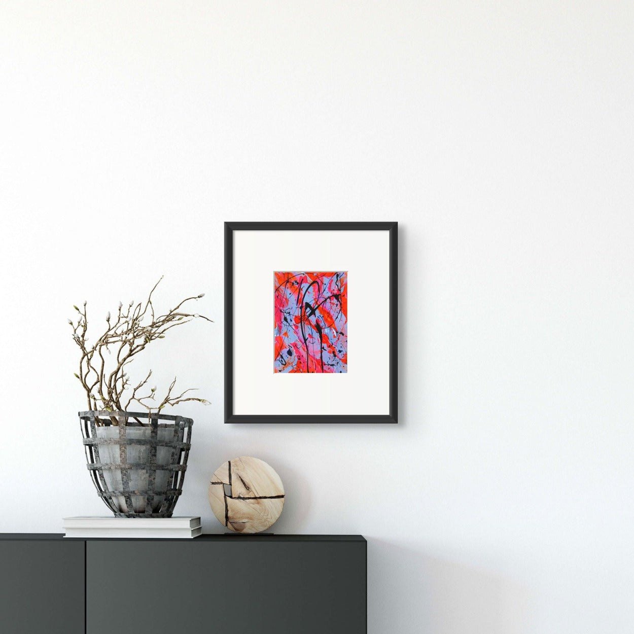 Little Luxuries XII, original small abstract painting by Bridget Bradley. Seen framed and hanging on wall with modern decor