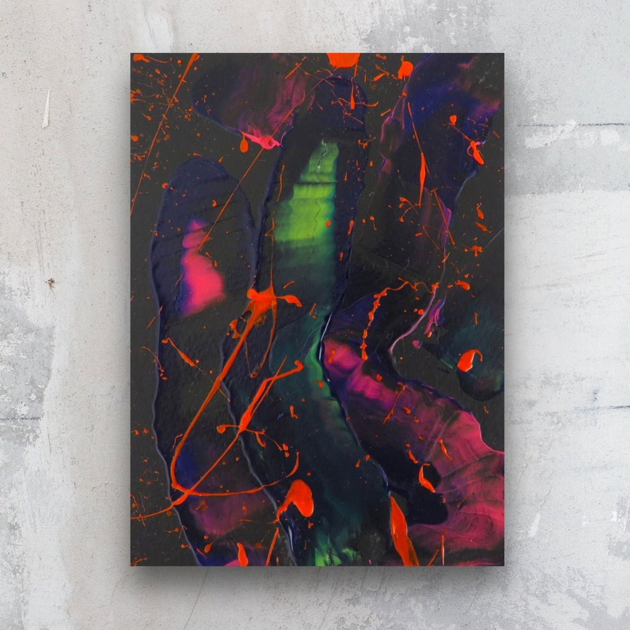 Little Luxuries XIII, original abstract art seen against a stone wall. Dark background with neon marks, painted by Bridget Bradley abstract artist