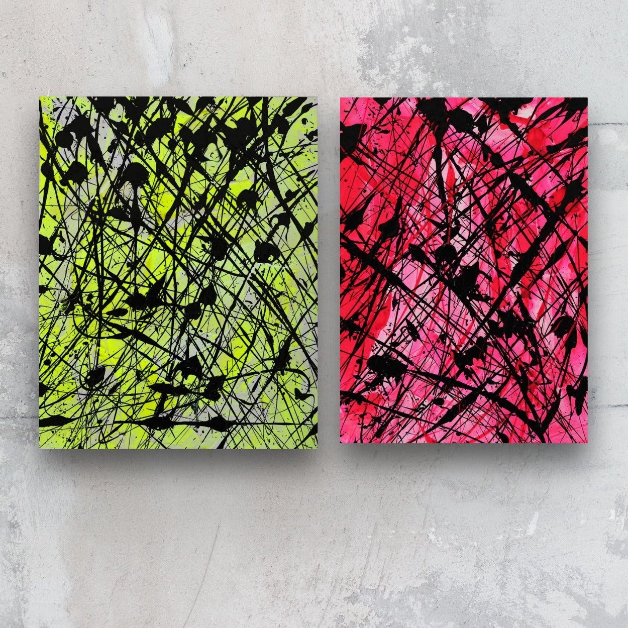 From left, neon I and Neon II original art on paper by Bridget Bradley. Neon I in Neon yellow and Neon II in neon pinks both with action painting in black. Buy as an art set and save!