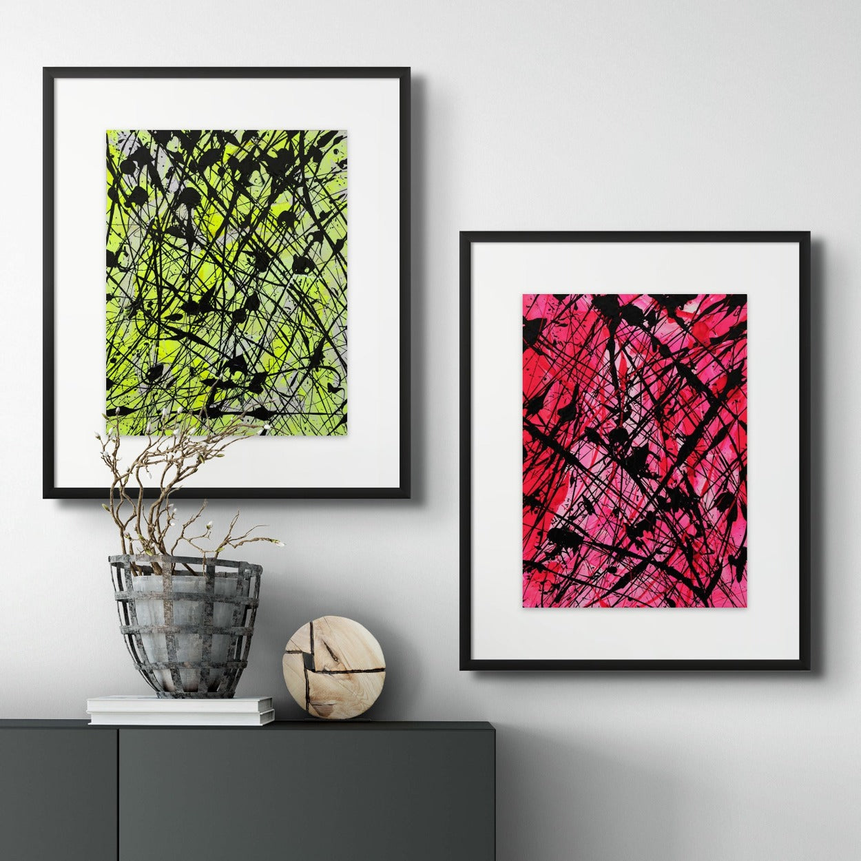 From left , Neon I and Neon II, bold neon and black abstract paintings on paper sold aqs an art set unframed. Painted by Bridget Bradley, abstract expressionism artist