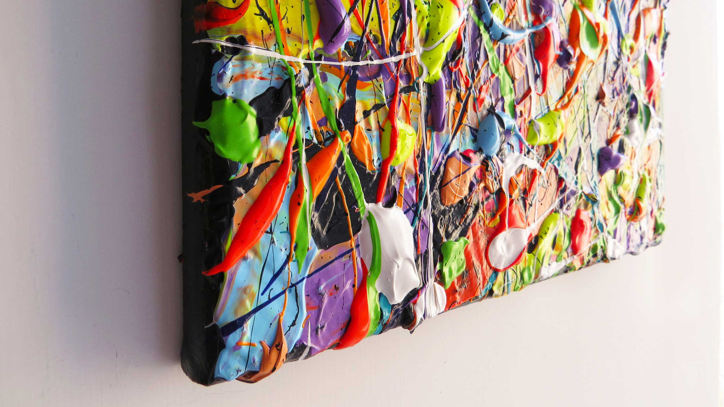 Closeup side view of paint layers, original abstract painting, 'Night at the Carnival' by Bridget Bradley