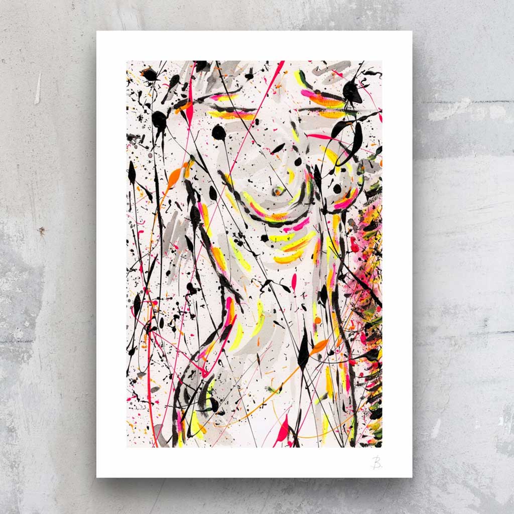 Image of Nude I , fine art print in black bright and neon coloursseen here on paper. After original mixed media art by Bridget Bradley
