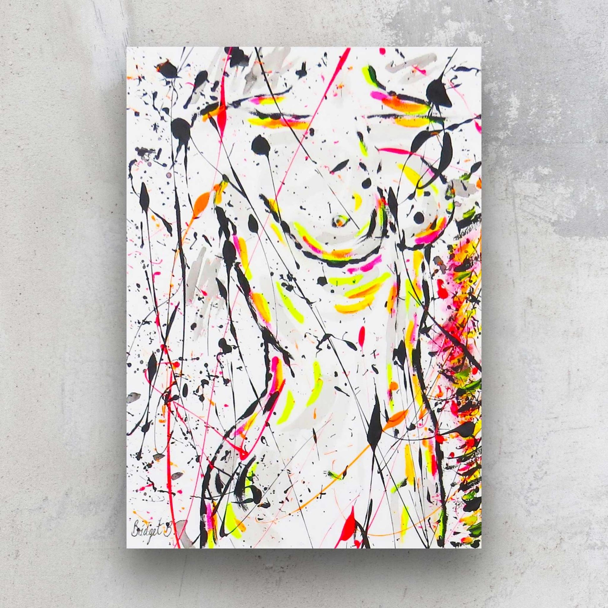 Image of original abstract painting of female nude in black brights and neons on paper. Painted by Bridget Bradley, Abstract expressionism artist. One of a kind original artwork.