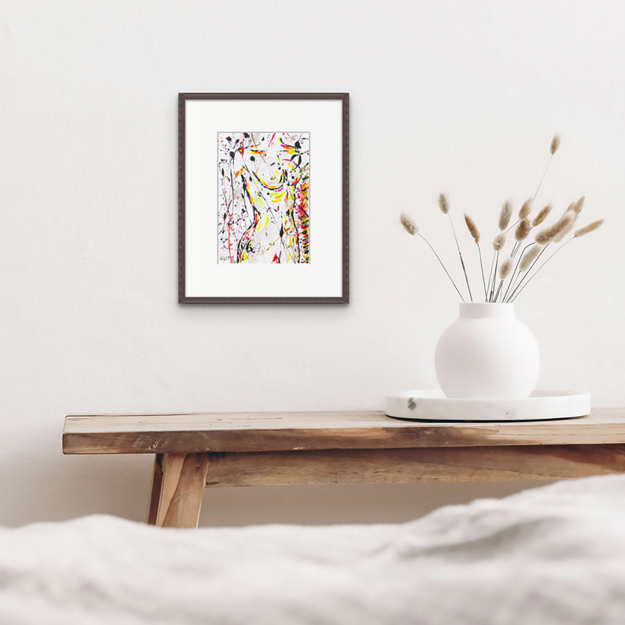 Nude I original abstract , mixed media painting seen framed on wall in situ. Art by Bridget Bradley
