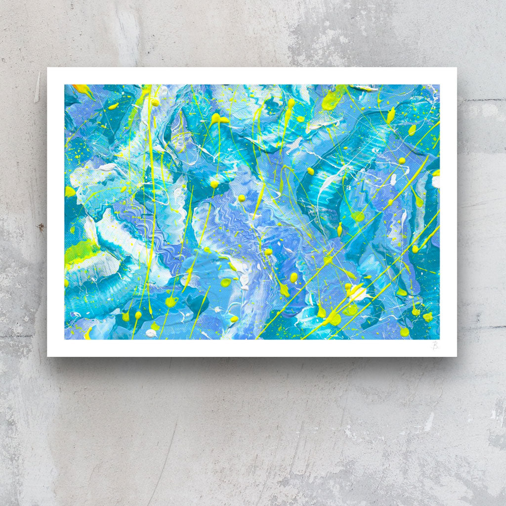 Ocean, abstract art print on paper, unframed seen against stone wall. Beutiful relaxing vibe in blues, white and neon yellow. After original painting by Bridget Bradley