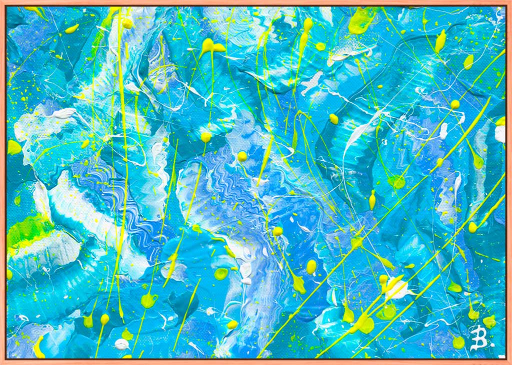 'Ocean' abstract canvas print, in oak frame. Clear bluses, white and neon yellow colors. After original abstract artwork by Bridget Bradley