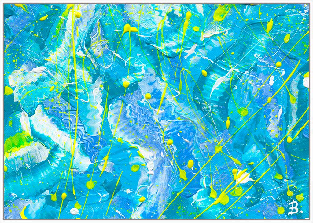 'Ocean' abstract canvas print in white float frame. Bright blues, white and yellow marks. After original abstract on canvas by Bridget Bradley