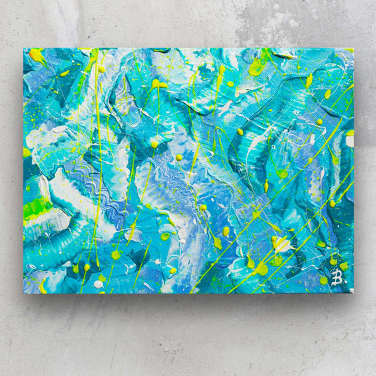 'Ocean' original abstract painting on canvas in bright blue hues, white and neon yellow. Painted by contemporary Abstract Artist Bridget Bradley, Australia