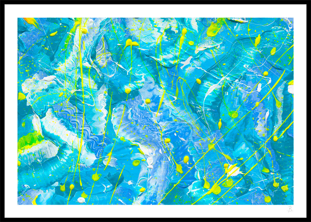 'Ocean' paper abstract print, white border and black frame. Bright blues, white and bright yellow marks. After original artwork by Abstract Artist, Bridget Bradley