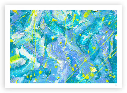 Ocean, abstract paper print with white border unframed in bright blues, white with neon yellow marks. After original painting by Bridget Bradley