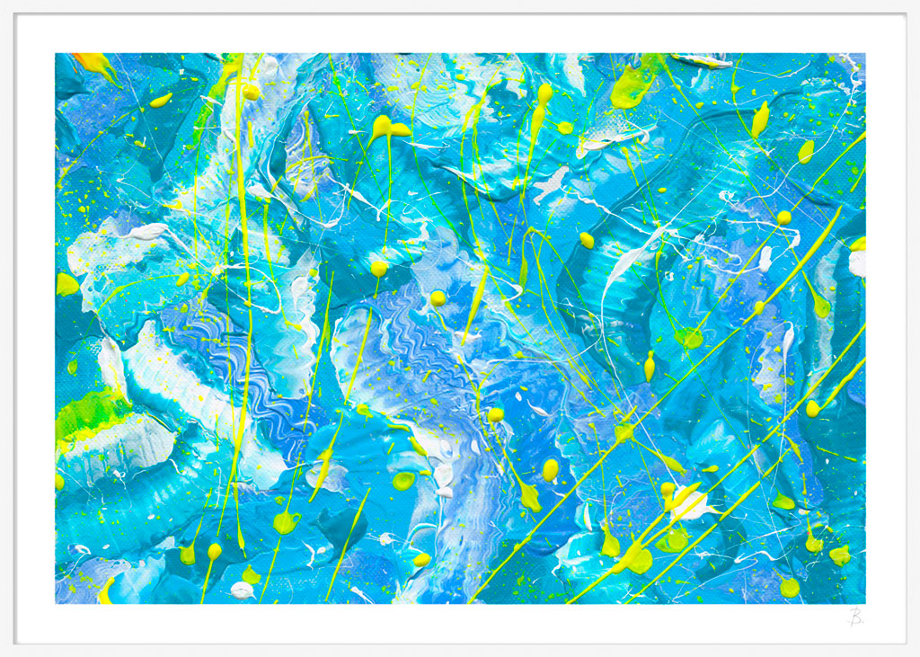 'Ocean' abstract art print on paper with white border and white frame. Colour palette blues, white and neon yellow marks. After Bridget Bradley's original painting on canvas.