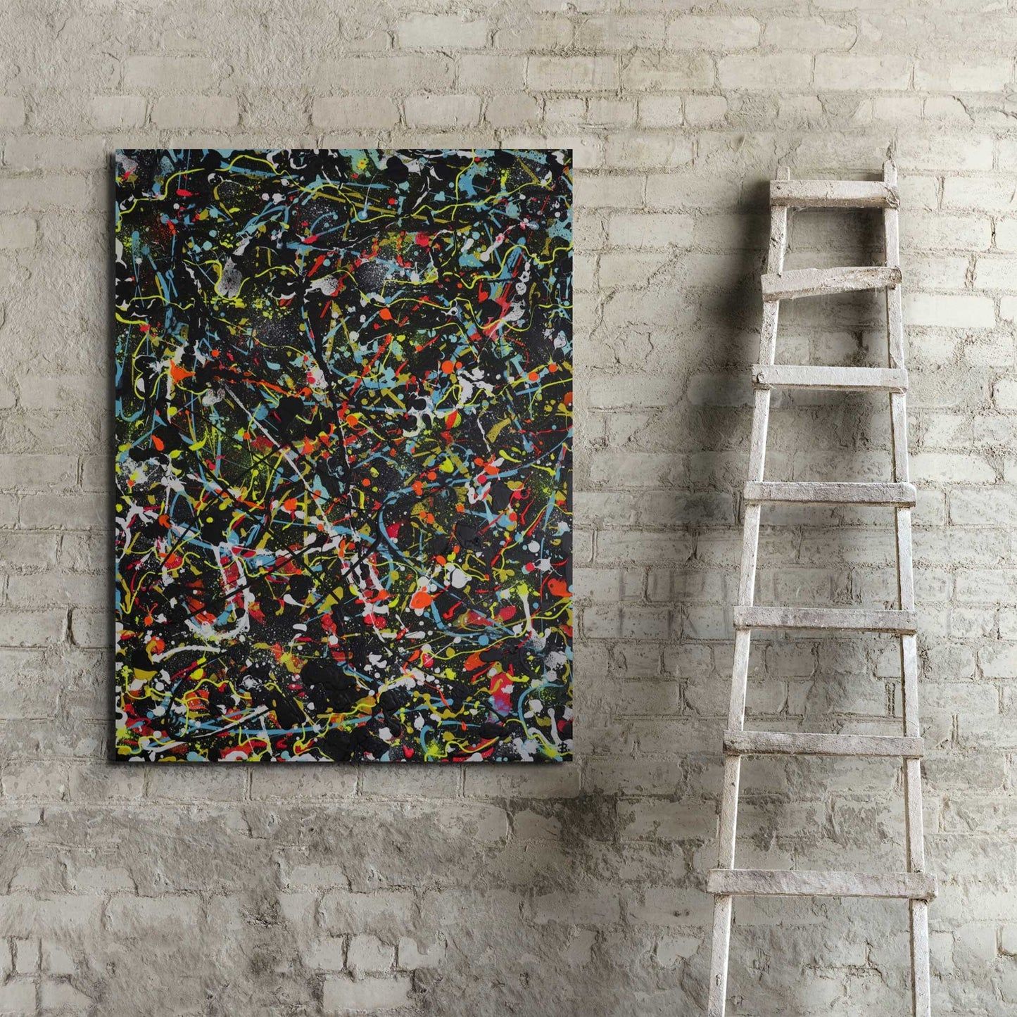 New colourful, abstract expressionism painting, 'Onyx' by Bridget Bradley, seen hanging on brick wall by ladder in industrial apartment space. Learn more