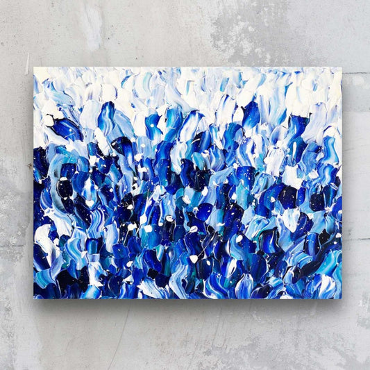 Sea of Blue, textured original art in colours of ocean water and waves with white sea foam. Painted by Bridget Bradley
