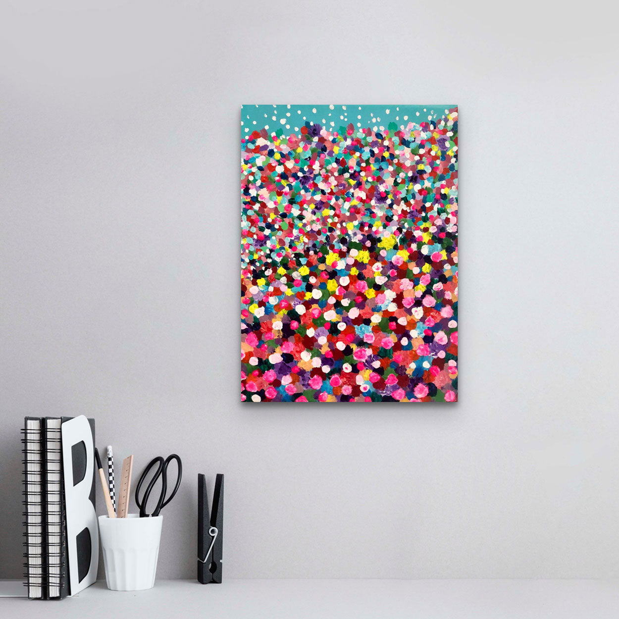 Sea of Umbrellas, bright original painting hanging in work space.Abstract expressionism art by Bridget Bradley