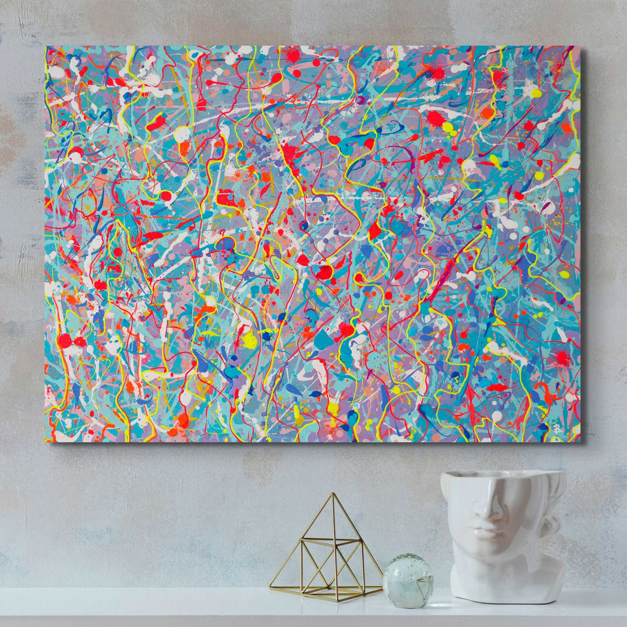 Seeking a large original abstract wall art on canvas in bright colours and neons with heavy texture. Seen hanging in situ with ornaments.Artwork painted by Bridget Bradley, Abstract Expressionism Artist