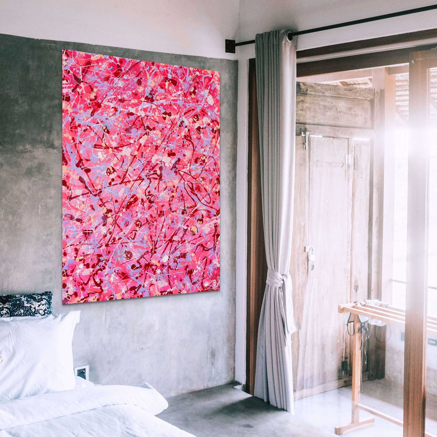 'Self Love' large, original abstract painting seen hanging in modern bedroom. Painted by Bridget Bradley to celebrate love of self on Valentine's Day
